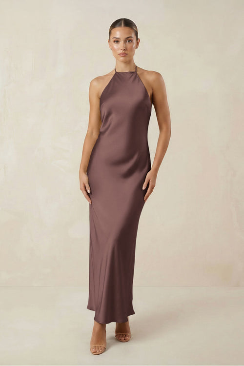 Halter Satin Sheath Midi Bridesmaid Dress in Espresso - KISS BRIDAL Bridesmaid Dresses