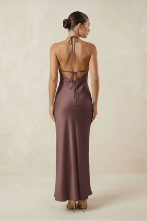 Halter Satin Sheath Midi Bridesmaid Dress in Espresso - KISS BRIDAL Bridesmaid Dresses