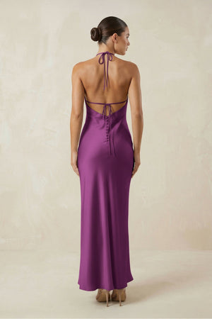 Halter Satin Sheath Midi Bridesmaid Dress in Fig - KISS BRIDAL Bridesmaid Dresses