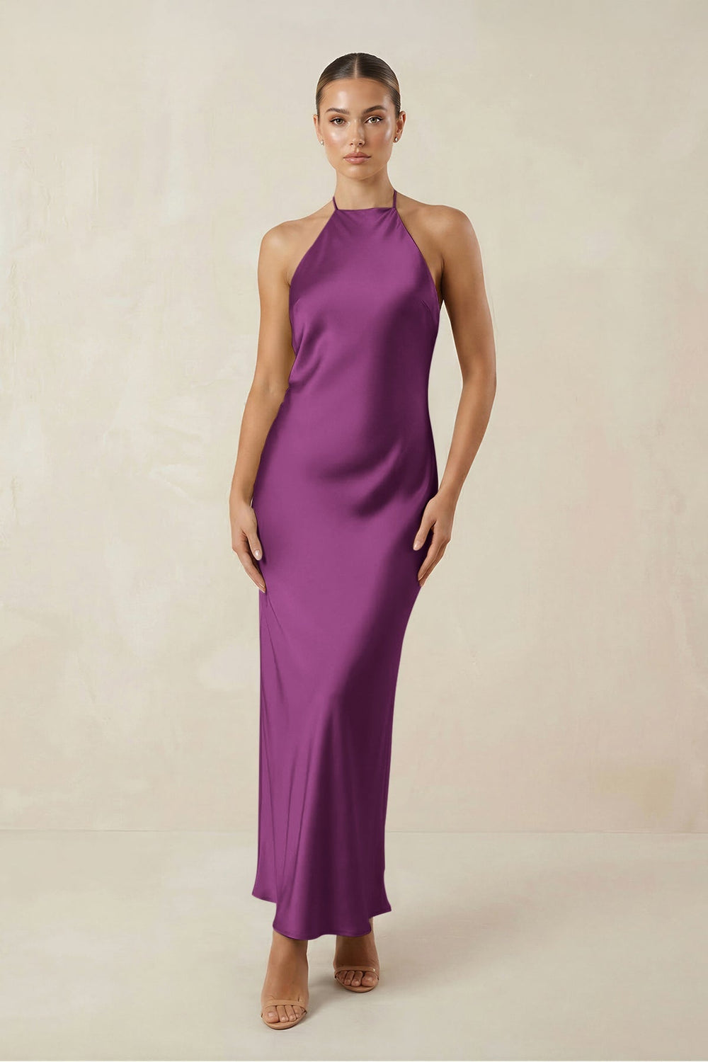 Halter Satin Sheath Midi Bridesmaid Dress in Fig - KISS BRIDAL Bridesmaid Dresses