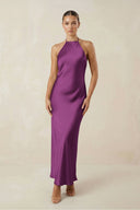 Halter Satin Sheath Midi Bridesmaid Dress in Fig - KISS BRIDAL Bridesmaid Dresses