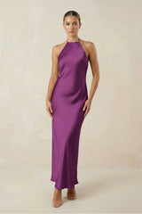 Halter Satin Sheath Midi Bridesmaid Dress in Fig - KISS BRIDAL Bridesmaid Dresses