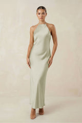 Halter Satin Sheath Midi Bridesmaid Dress in Frost - KISS BRIDAL Bridesmaid Dresses