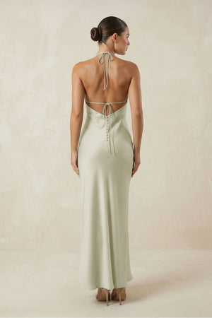 Halter Satin Sheath Midi Bridesmaid Dress in Frost - KISS BRIDAL Bridesmaid Dresses