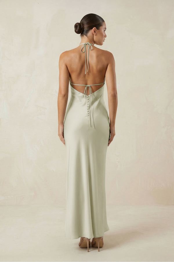 Halter Satin Sheath Midi Bridesmaid Dress in Frost - KISS BRIDAL Bridesmaid Dresses