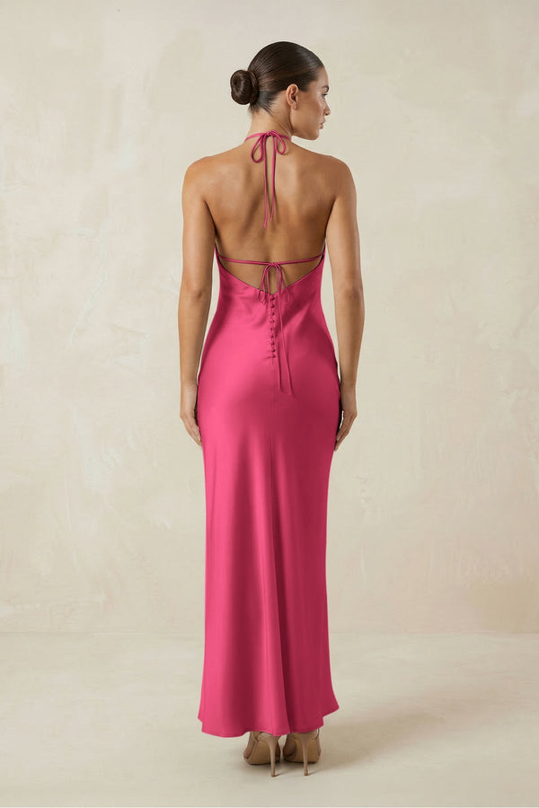 Halter Satin Sheath Midi Bridesmaid Dress in Fuchsia - KISS BRIDAL Bridesmaid Dresses