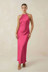 Halter Satin Sheath Midi Bridesmaid Dress in Fuchsia - KISS BRIDAL Bridesmaid Dresses