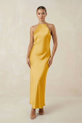 Halter Satin Sheath Midi Bridesmaid Dress in Gold - KISS BRIDAL Bridesmaid Dresses