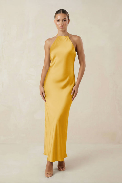 Halter Satin Sheath Midi Bridesmaid Dress in Gold - KISS BRIDAL Bridesmaid Dresses