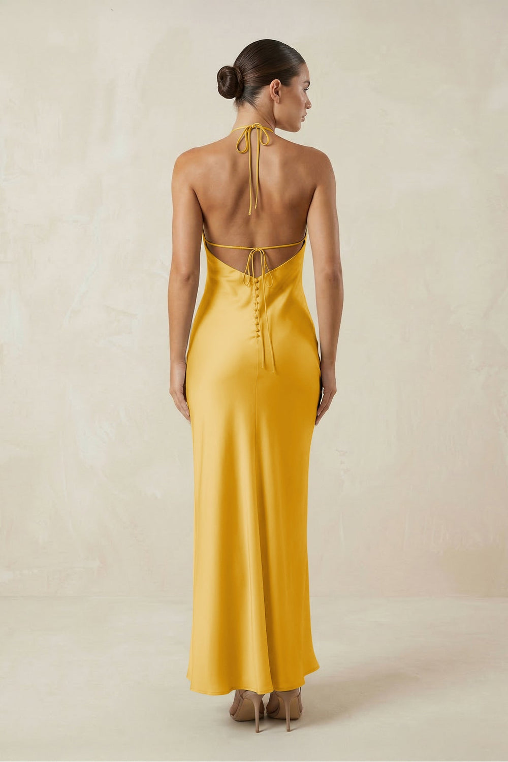 Halter Satin Sheath Midi Bridesmaid Dress in Gold - KISS BRIDAL Bridesmaid Dresses