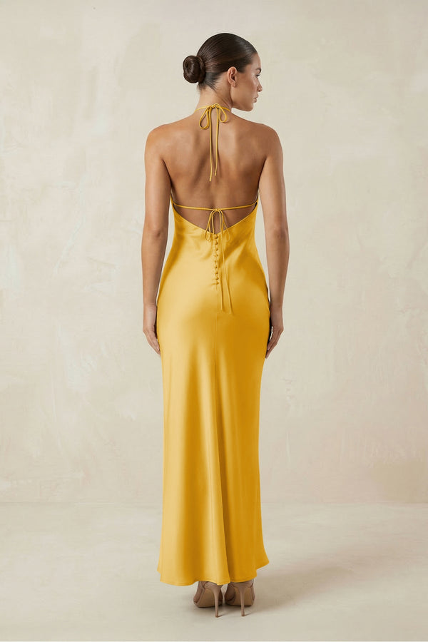 Halter Satin Sheath Midi Bridesmaid Dress in Gold - KISS BRIDAL Bridesmaid Dresses