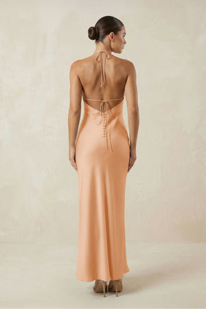 Halter Satin Sheath Midi Bridesmaid Dress in Golden Champagne - KISS BRIDAL Bridesmaid Dresses