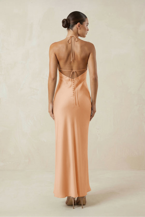 Halter Satin Sheath Midi Bridesmaid Dress in Golden Champagne - KISS BRIDAL Bridesmaid Dresses