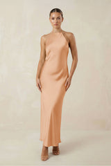 Halter Satin Sheath Midi Bridesmaid Dress in Golden Champagne - KISS BRIDAL Bridesmaid Dresses