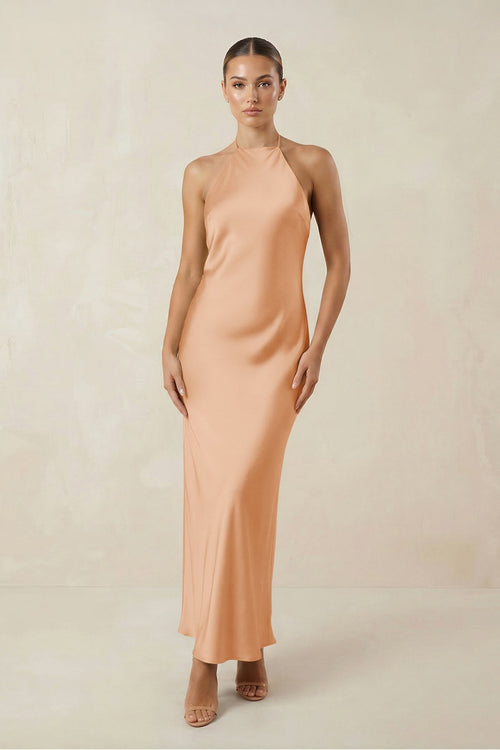 Halter Satin Sheath Midi Bridesmaid Dress in Golden Champagne - KISS BRIDAL Bridesmaid Dresses