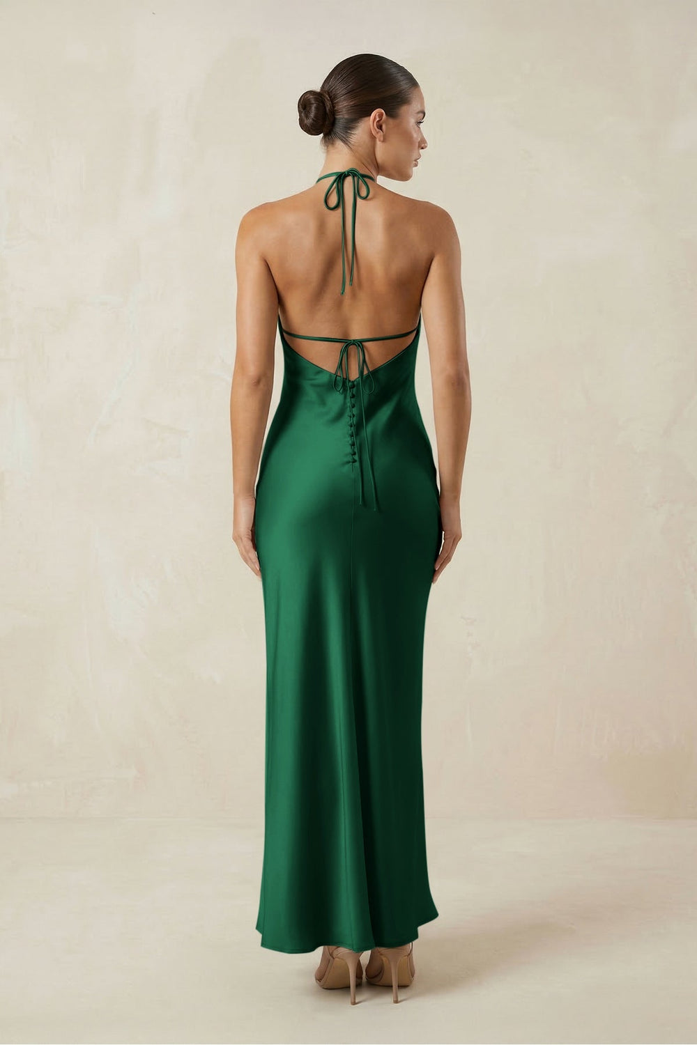 Halter Satin Sheath Midi Bridesmaid Dress in Green - KISS BRIDAL Bridesmaid Dresses