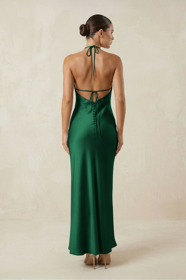 Halter Satin Sheath Midi Bridesmaid Dress in Green - KISS BRIDAL Bridesmaid Dresses