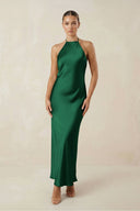 Halter Satin Sheath Midi Bridesmaid Dress in Green - KISS BRIDAL Bridesmaid Dresses