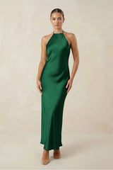 Halter Satin Sheath Midi Bridesmaid Dress in Green - KISS BRIDAL Bridesmaid Dresses