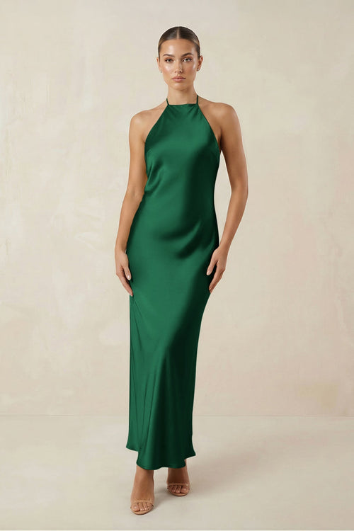 Halter Satin Sheath Midi Bridesmaid Dress in Green - KISS BRIDAL Bridesmaid Dresses