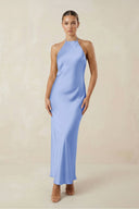 Halter Satin Sheath Midi Bridesmaid Dress in Ice - KISS BRIDAL Bridesmaid Dresses