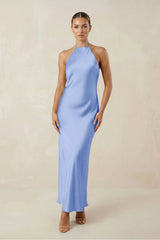 Halter Satin Sheath Midi Bridesmaid Dress in Ice - KISS BRIDAL Bridesmaid Dresses