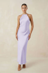 Halter Satin Sheath Midi Bridesmaid Dress in Lavender - KISS BRIDAL Bridesmaid Dresses