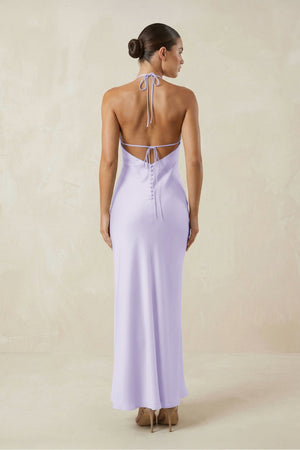 Halter Satin Sheath Midi Bridesmaid Dress in Lavender - KISS BRIDAL Bridesmaid Dresses