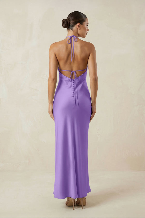 Halter Satin Sheath Midi Bridesmaid Dress in Lilac - KISS BRIDAL Bridesmaid Dresses