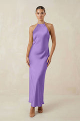 Halter Satin Sheath Midi Bridesmaid Dress in Lilac - KISS BRIDAL Bridesmaid Dresses