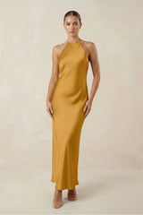 Halter Satin Sheath Midi Bridesmaid Dress in Marigold - KISS BRIDAL Bridesmaid Dresses
