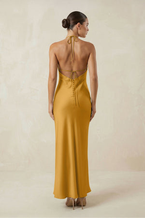 Halter Satin Sheath Midi Bridesmaid Dress in Marigold - KISS BRIDAL Bridesmaid Dresses