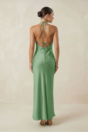 Halter Satin Sheath Midi Bridesmaid Dress in Matcha - KISS BRIDAL Bridesmaid Dresses