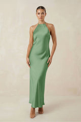 Halter Satin Sheath Midi Bridesmaid Dress in Matcha - KISS BRIDAL Bridesmaid Dresses