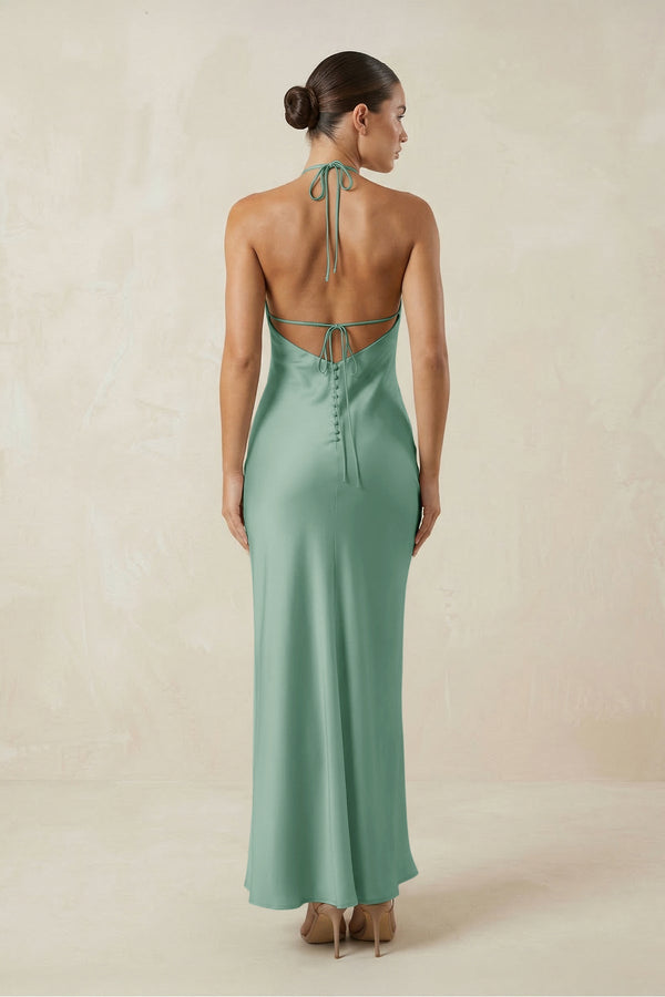 Halter Satin Sheath Midi Bridesmaid Dress in Mint Green - KISS BRIDAL Bridesmaid Dresses