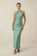 Halter Satin Sheath Midi Bridesmaid Dress in Mint Green - KISS BRIDAL Bridesmaid Dresses