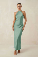 Halter Satin Sheath Midi Bridesmaid Dress in Mint Green - KISS BRIDAL Bridesmaid Dresses