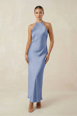 Halter Satin Sheath Midi Bridesmaid Dress in Mist - KISS BRIDAL Bridesmaid Dresses