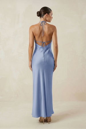 Halter Satin Sheath Midi Bridesmaid Dress in Mist - KISS BRIDAL Bridesmaid Dresses