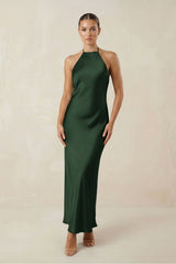 Halter Satin Sheath Midi Bridesmaid Dress in Moss - KISS BRIDAL Bridesmaid Dresses