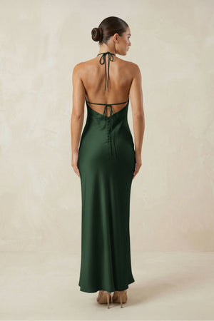 Halter Satin Sheath Midi Bridesmaid Dress in Moss - KISS BRIDAL Bridesmaid Dresses