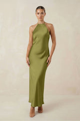 Halter Satin Sheath Midi Bridesmaid Dress in Moss Green - KISS BRIDAL Bridesmaid Dresses
