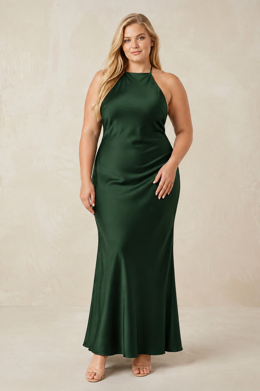 Halter Satin Sheath Midi Bridesmaid Dress in Moss