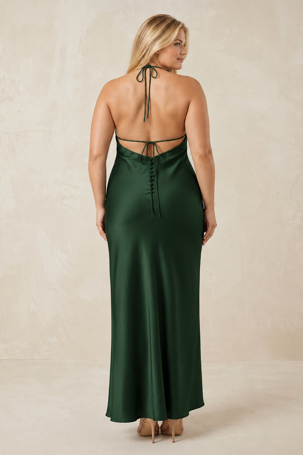 Halter Satin Sheath Midi Bridesmaid Dress in Moss