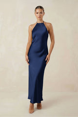 Halter Satin Sheath Midi Bridesmaid Dress in Navy - KISS BRIDAL Bridesmaid Dresses