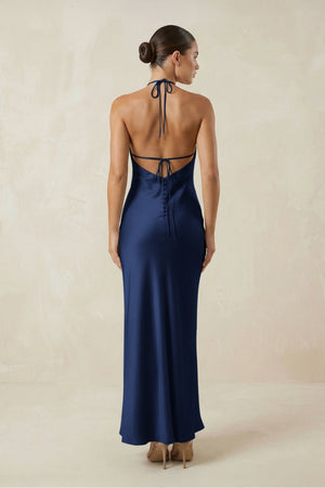 Halter Satin Sheath Midi Bridesmaid Dress in Navy - KISS BRIDAL Bridesmaid Dresses