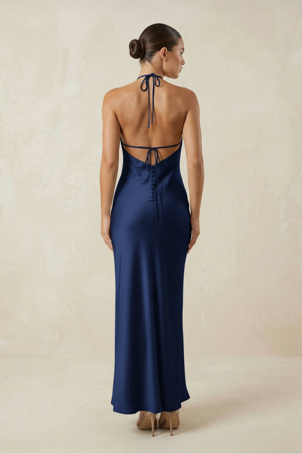 Halter Satin Sheath Midi Bridesmaid Dress in Navy - KISS BRIDAL Bridesmaid Dresses