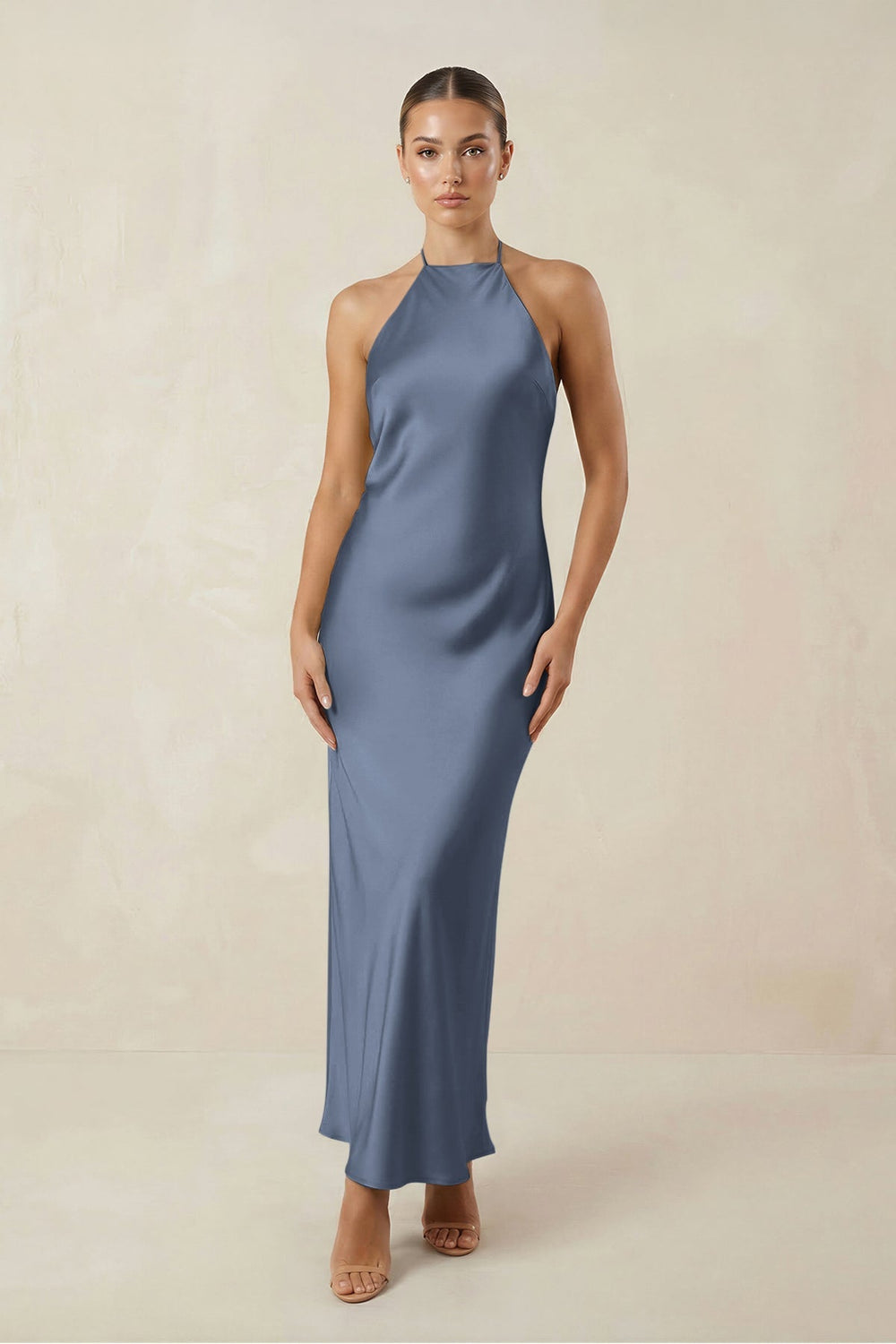 Halter Satin Sheath Midi Bridesmaid Dress in Neptune - KISS BRIDAL Bridesmaid Dresses