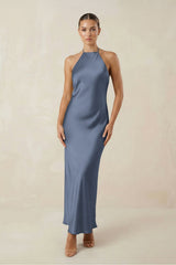 Halter Satin Sheath Midi Bridesmaid Dress in Neptune - KISS BRIDAL Bridesmaid Dresses