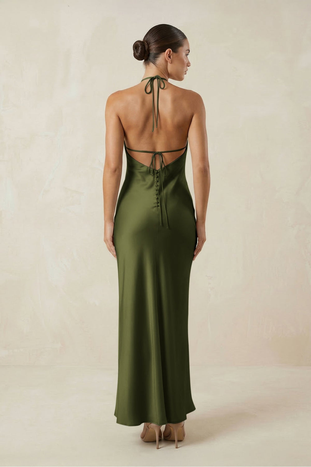 Halter Satin Sheath Midi Bridesmaid Dress in Olive - KISS BRIDAL Bridesmaid Dresses